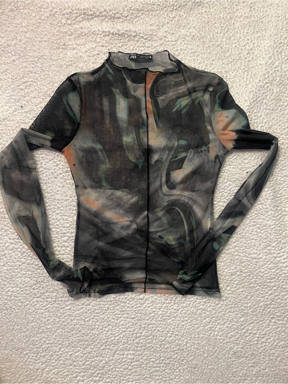 Zara Marble-Print Sheer Long Sleeve Top - Black with Green & Orange Accents
